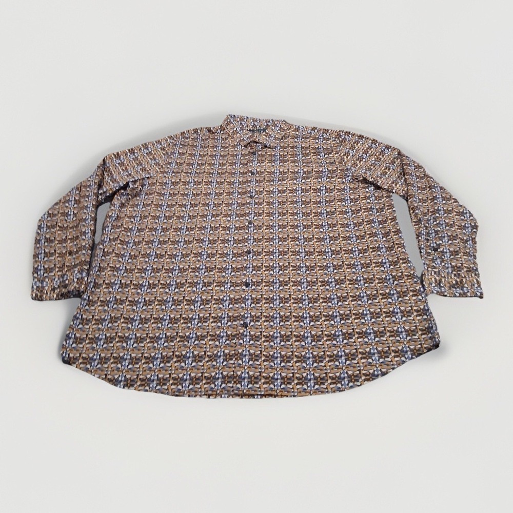 Perry Ellis Mens 3X Geometric Mosaic Print Stretch Button Down Shirt Blue Gold